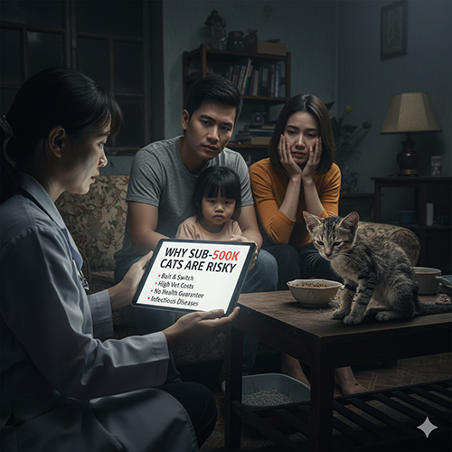 Bác sĩ thú y giải thích vì sao mèo cảnh dưới 500k rủi ro cho một gia đình, mèo con gầy ngồi cạnh bát thức ăn