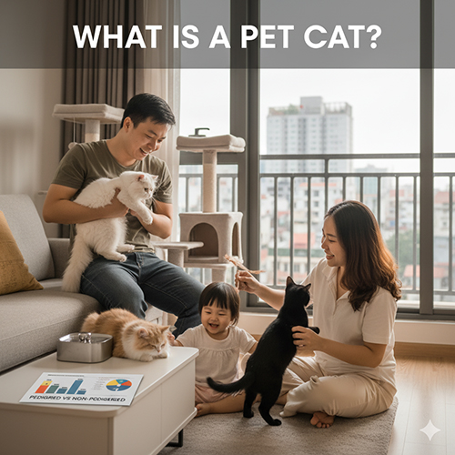 Gia đình trẻ chơi đùa cùng ba chú mèo trong căn hộ hiện đại, minh họa cho khái niệm “mèo cảnh” trong đời sống Việt Nam.