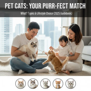 Gia đình trẻ đang chơi đùa cùng hai chú mèo trong nhà, minh họa cho bài viết “Mèo cảnh là gì? Phân nhánh & cách chọn theo lối sống”