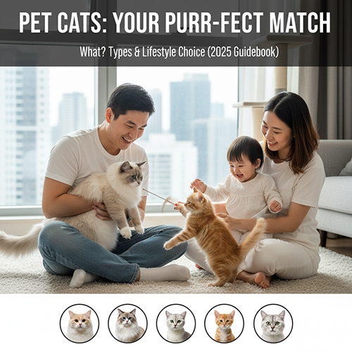 Gia đình trẻ đang chơi đùa cùng hai chú mèo trong nhà, minh họa cho bài viết “Mèo cảnh là gì? Phân nhánh & cách chọn theo lối sống”