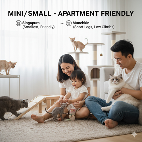 Nhóm mèo cảnh mini hoặc nhỏ phù hợp sống trong căn hộ, chung cư