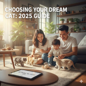 Gia đình lựa chọn mèo cảnh với nhiều đặc điểm khác nhau như mèo mini, mèo chân ngắn, mèo tai cụp và mèo lông ngắn trong không gian ấm cúng.