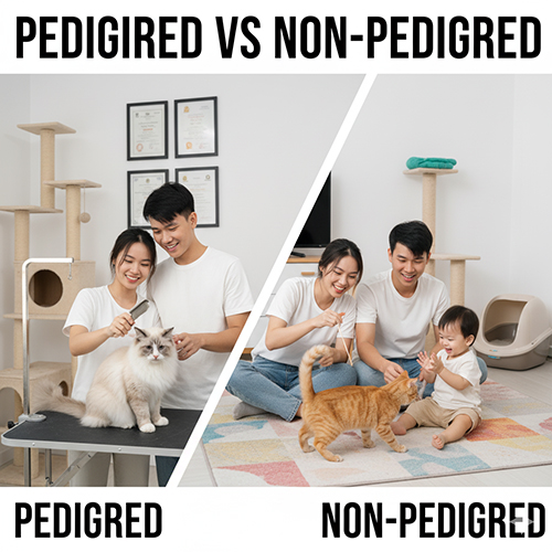 So sánh mèo có phả hệ và mèo không phả hệ: cặp hình minh họa hai gia đình chăm sóc mèo khác nhau trong nhà.