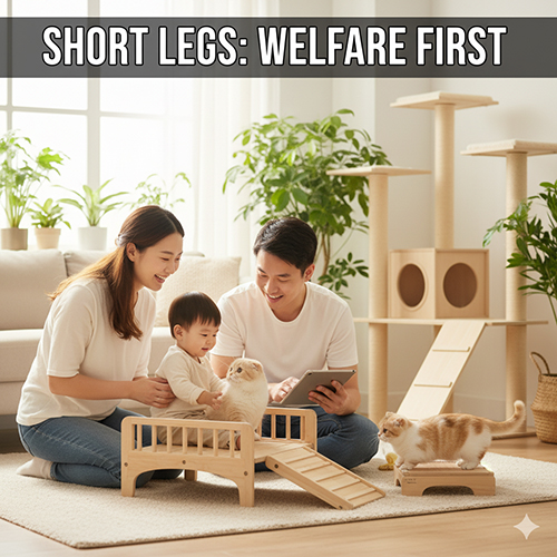 Gia đình chơi cùng mèo chân ngắn trong phòng có nhà cây và giường thấp, minh họa môi trường thân thiện với khớp và cột sống mèo.