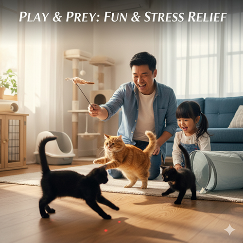 Người cha và con gái chơi đùa cùng ba chú mèo đang rượt theo đồ chơi cần câu trong phòng khách, thể hiện bản năng săn mồi tự nhiên của mèo