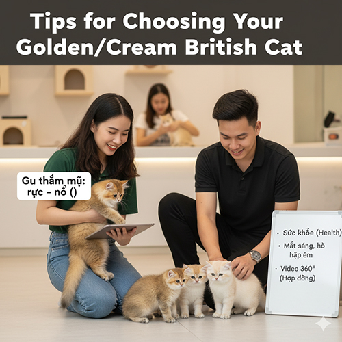 Cặp đôi trẻ chọn mèo Anh con màu golden và cream tại cửa hàng thú cưng, cạnh bảng ghi các tiêu chí chọn như sức khỏe, mắt sáng, video 360° và hợp đồng bảo hành.