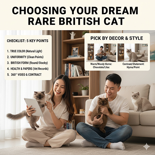 Cặp đôi trẻ chơi đùa cùng ba chú mèo Anh màu nâu, lilac và hyma trong phòng khách ấm cúng, minh họa checklist chọn mèo màu hiếm theo gu và ngân sách.