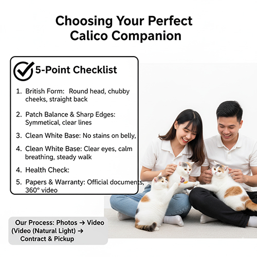 Cặp đôi trẻ vui vẻ chọn mèo Anh tam thể, bên cạnh bảng checklist 5 điểm chọn mèo tam thể chuẩn form và sức khỏe