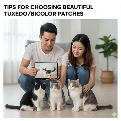 Cặp đôi trẻ ngồi cùng ba bé mèo Anh tuxedo và bicolor, vừa xem ảnh mẫu trên máy tính bảng để so sánh mảng màu thật của mèo