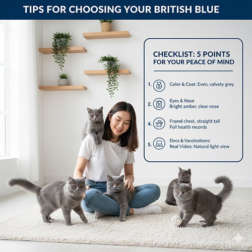 Cô gái trẻ ngồi trong phòng sáng chơi cùng bốn bé mèo Anh xám, xung quanh là bảng checklist 5 tiêu chí chọn mèo khỏe đẹp