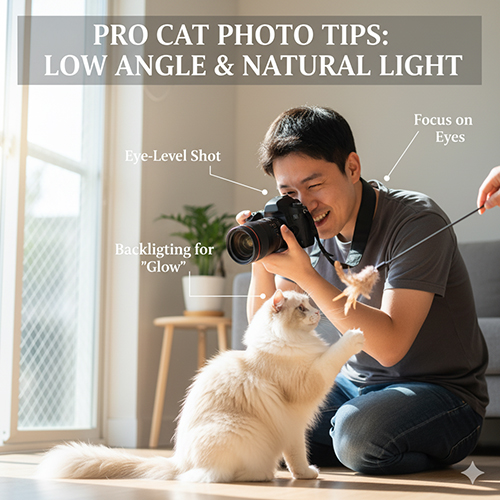 Người đàn ông quỳ xuống chụp ảnh mèo trắng trong ánh sáng tự nhiên, sử dụng góc thấp và lấy nét vào mắt mèo để tạo cảm xúc và an toàn cho thú cưng