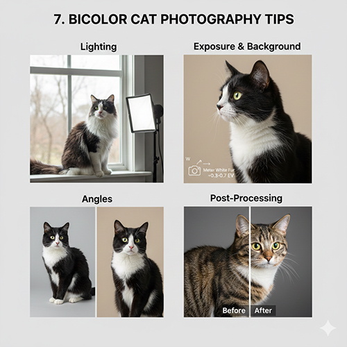 Mẹo chụp ảnh mèo bicolor với ánh sáng đo sáng và hậu kỳ để giữ chi tiết lông trắng và màu đậm