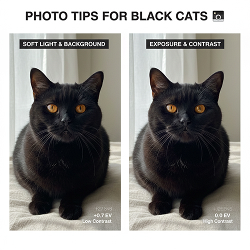 So sánh chụp ảnh mèo đen với ánh sáng mềm và bù phơi sáng để giữ chi tiết lông và mắt