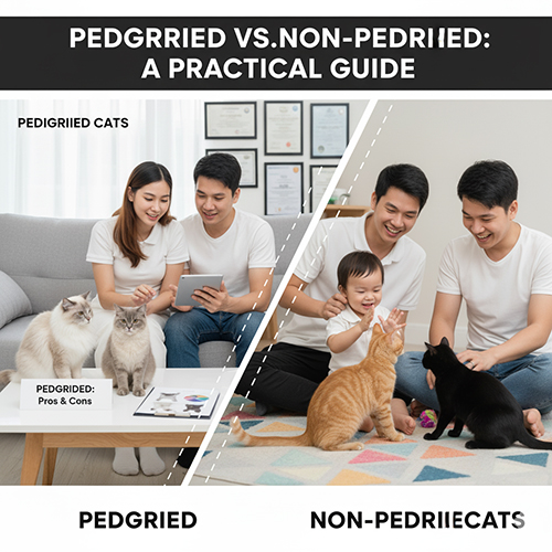 So sánh thực tế giữa mèo có phả hệ và mèo không giấy, hai gia đình chăm sóc mèo trong bối cảnh khác nhau.