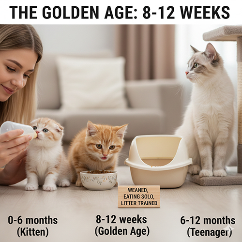 ảnh mô tả các giai đoạn mèo con 0–12 tháng và lý do 8–12 tuần là điểm vàng để về nhà mới