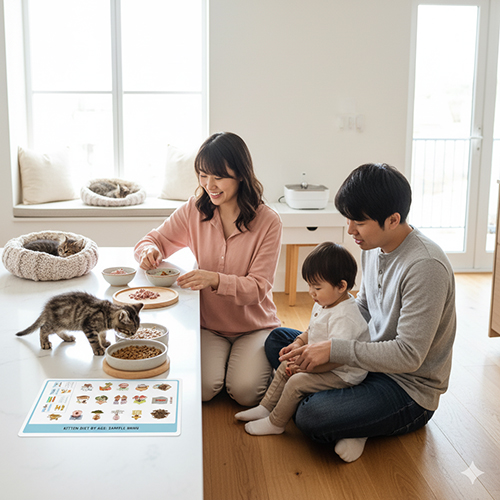 Gia đình cho mèo con ăn theo tuổi trên bàn bếp, có bát pate ẩm và hạt khô; bảng thực đơn mẫu cho 8–12W, 3–6M, 6–12M