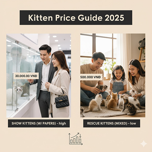 So sánh khung giá mèo con 2025 theo kênh mua và nhận nuôi, minh họa cảnh gia đình xem mèo tại shop và tại trung tâm cứu hộ
