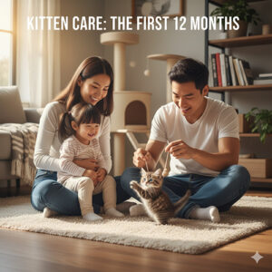 Mèo con – cẩm nang chăm sóc 0–12 tháng: lịch ăn, vệ sinh khay cát, tiêm phòng, chơi đùa an toàn cùng gia đình