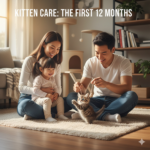 Mèo con – cẩm nang chăm sóc 0–12 tháng: lịch ăn, vệ sinh khay cát, tiêm phòng, chơi đùa an toàn cùng gia đình