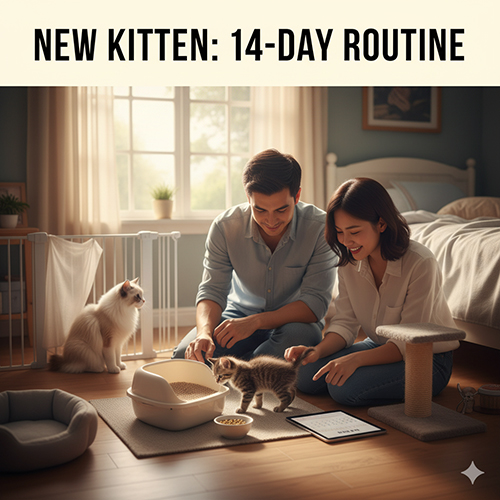 Cặp đôi trẻ chăm sóc mèo con trong phòng yên tĩnh cùng mèo trưởng thành khác, minh họa cho lịch 14 ngày làm quen.