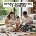 Gia đình vui vẻ chơi với mèo con trong những ngày đầu khi đón về nhà, hướng dẫn 14 ngày làm quen cho mèo cảnh 8–12 tuần tuổi.