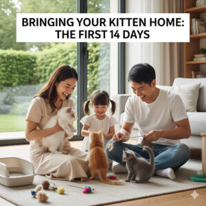 Gia đình vui vẻ chơi với mèo con trong những ngày đầu khi đón về nhà, hướng dẫn 14 ngày làm quen cho mèo cảnh 8–12 tuần tuổi.