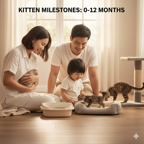 Mèo con 0–12 tháng: gia đình chơi và hướng dẫn tập khay, mô tả các mốc cân nặng, dinh dưỡng và hành vi theo từng giai đoạn