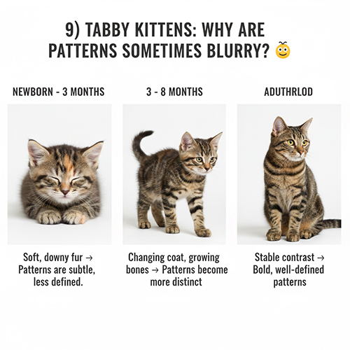 So sánh hoa văn mèo tabby từ mèo con sơ sinh đến khi trưởng thành với mức độ rõ khác nhau
