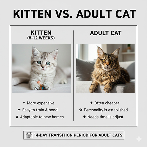 So sánh mèo con 8–12 tuần và mèo trưởng thành theo giá và khả năng thích nghi