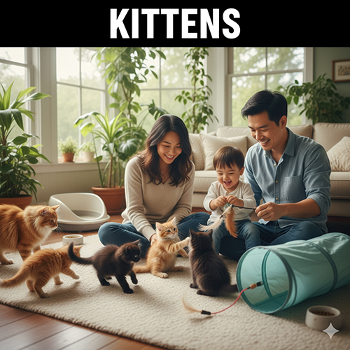 Gia đình vui vẻ đang chơi đùa với đàn mèo con nhiều màu sắc trong phòng khách sáng sủa, minh họa chủ đề mèo con.
