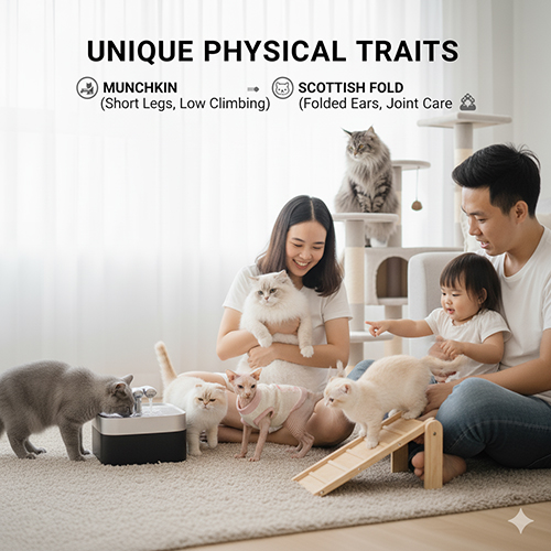 Nhóm mèo cảnh có đặc trưng hình thái như chân ngắn, tai cụp, không lông hoặc không đuôi