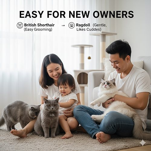 Nhóm mèo cảnh dễ nuôi cho người mới bắt đầu như British Shorthair, Ragdoll, Exotic Shorthair, American Shorthair và Abyssinian