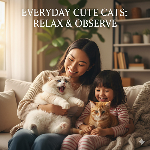 Hai mẹ con mỉm cười ngắm nhìn những chú mèo dễ thương trong tư thế thư giãn, thể hiện thói quen ngáp và cọ đầu quen thuộc của mèo