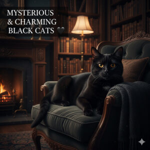 Mèo đen (mèo mun) nằm thư giãn trên ghế bành, ánh mắt vàng huyền bí trong không gian ấm áp