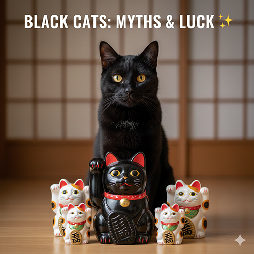 Mèo đen ngồi cùng các tượng mèo vẫy tay maneki neko, biểu tượng may mắn trong văn hóa Á Đông