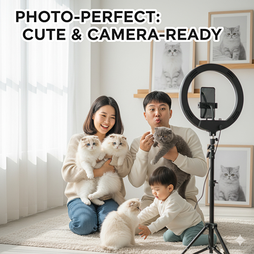 Gia đình tạo dáng chụp ảnh cùng những chú mèo Ragdoll và British Shorthair trước đèn ring light, minh họa nhóm mèo đẹp và “ăn ảnh”.