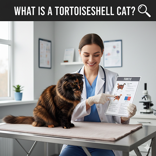 mèo đồi mồi tortoiseshell ngồi trên bàn khám cùng bác sĩ thú y đang cầm bảng mô tả giống