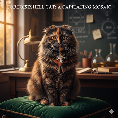 mèo đồi mồi tortoiseshell ngồi trên ghế xanh trong phòng học cổ điển ánh nắng chiều