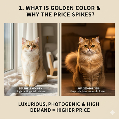 So sánh mèo Golden vỏ sò và Golden phủ bóng với sắc vàng ánh kim khác nhau