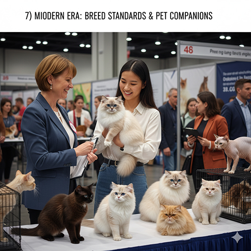 Hai người phụ nữ trò chuyện tại triển lãm mèo quốc tế, xung quanh là nhiều giống mèo khác nhau như lông dài, lông ngắn và không lông, thể hiện sự đa dạng giống mèo thời hiện đại.