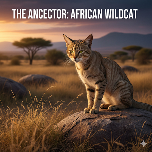 Mèo hoang châu Phi ngồi trên tảng đá giữa thảo nguyên, khung cảnh hoàng hôn rực rỡ gợi lên hình ảnh tổ tiên gần nhất của mèo nhà hiện đại.