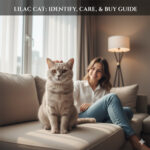 Mèo lilac màu xám tím nhạt ngồi trên sofa trong nhà, thể hiện màu lông lilac chuẩn và ánh mắt đặc trưng