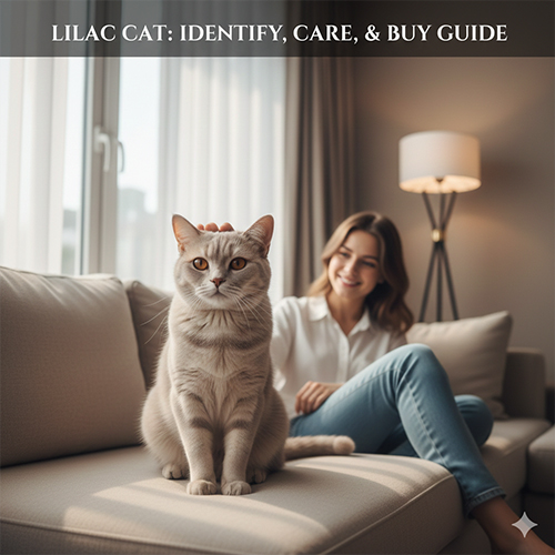 Mèo lilac màu xám tím nhạt ngồi trên sofa trong nhà, thể hiện màu lông lilac chuẩn và ánh mắt đặc trưng