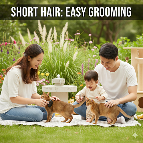 Gia đình chải lông cho mèo lông ngắn trong vườn, minh họa nhóm mèo dễ chăm sóc và phù hợp với người bận rộn.