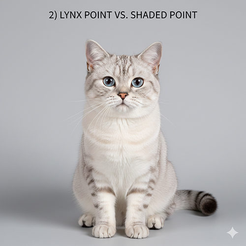 Mèo point mắt xanh với vằn lynx mảnh ở mặt và chân, minh họa so sánh lynx point và shaded point