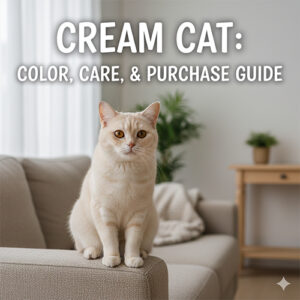 Mèo màu kem (cream) lông ngắn ngồi trong phòng khách, màu lông sáng nhạt đều, ánh mắt hiền