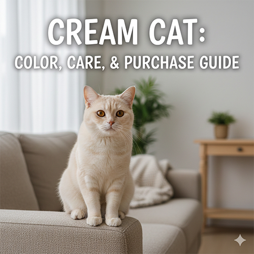 Mèo màu kem (cream) lông ngắn ngồi trong phòng khách, màu lông sáng nhạt đều, ánh mắt hiền