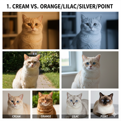 So sánh mèo màu kem với mèo vàng cam, lilac, silver và point dưới các điều kiện ánh sáng khác nhau