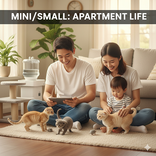 Gia đình vui đùa cùng các mèo con nhỏ trong căn hộ sáng sủa, minh họa nhóm mèo mini/nhỏ phù hợp với không gian chung cư.