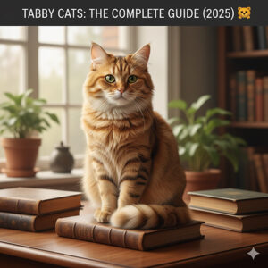 Mèo mướp với bộ lông vằn đặc trưng, dáng ngồi cảnh giác và thân thiện trong không gian trong nhà